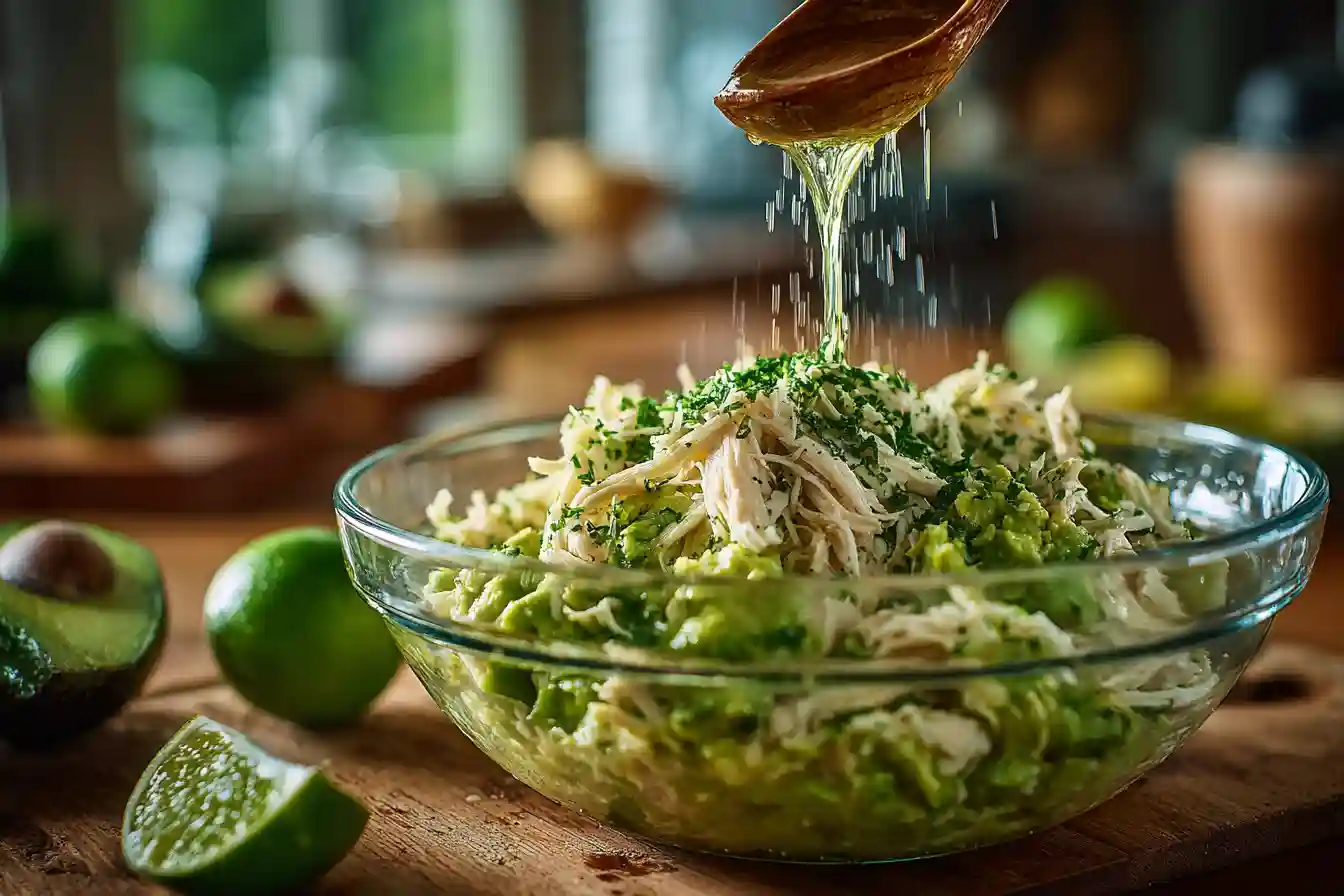Mixing avocado lime high protein chicken salad
