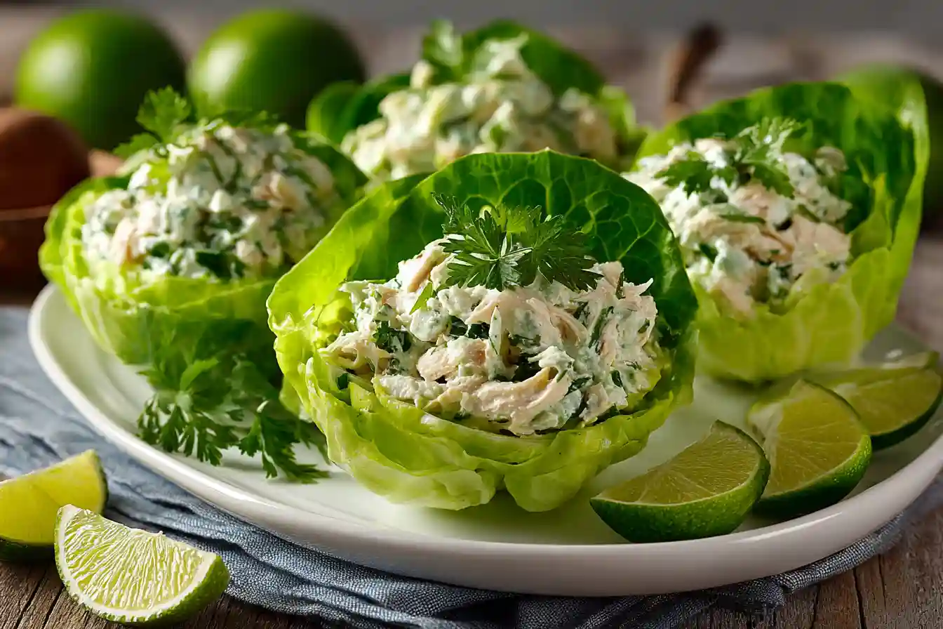 Close up avocado lime high protein chicken salad