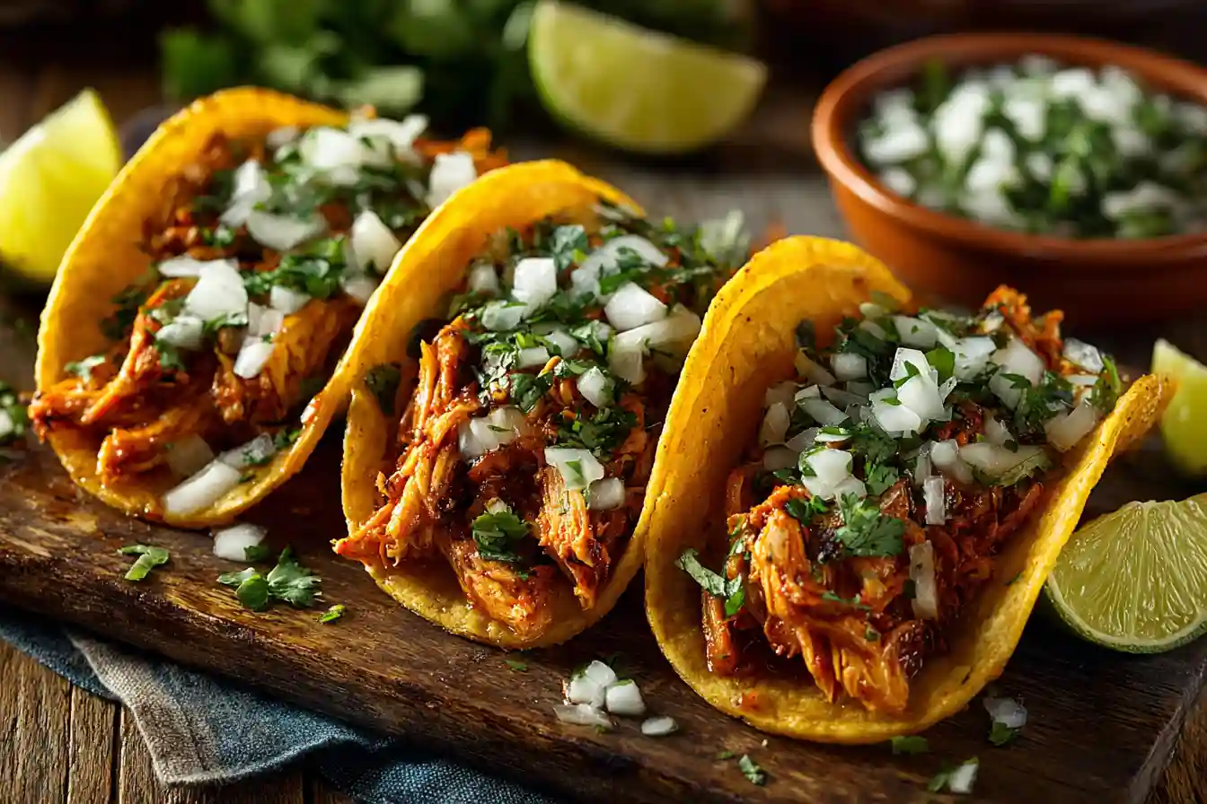 chicken al pastor tacos with onion cilantro and lime