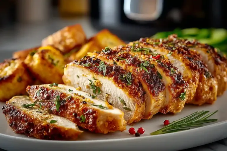 Chicken breast in air fryer at 400 degrees sliced and juicy