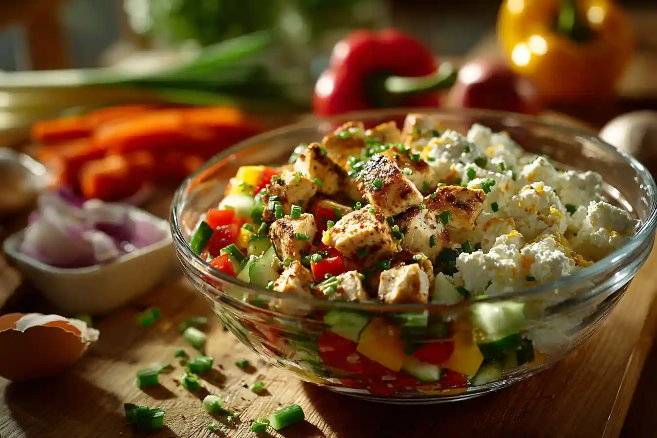 Mixing Cottage Cheese Chicken Salad Bowl