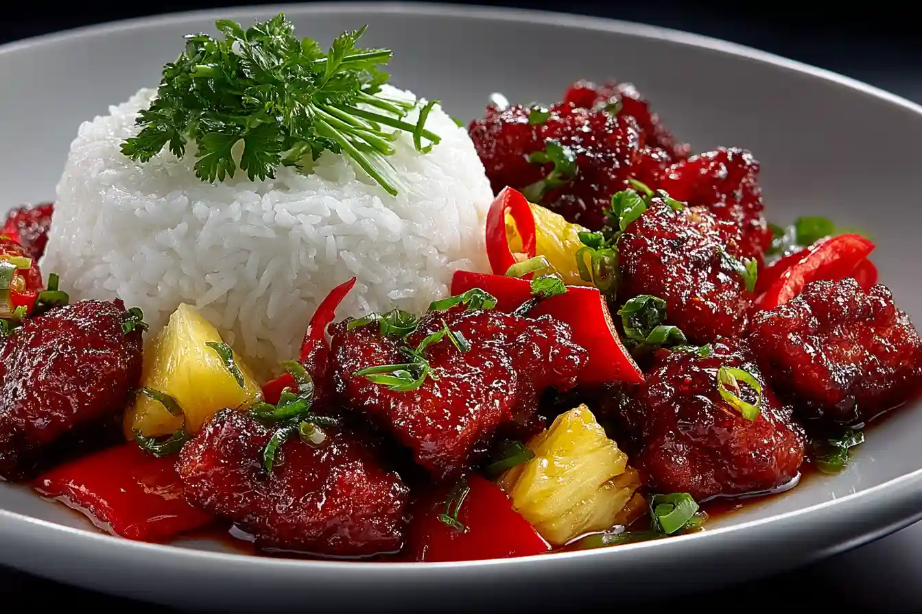 Sweet and sour chicken served over rice