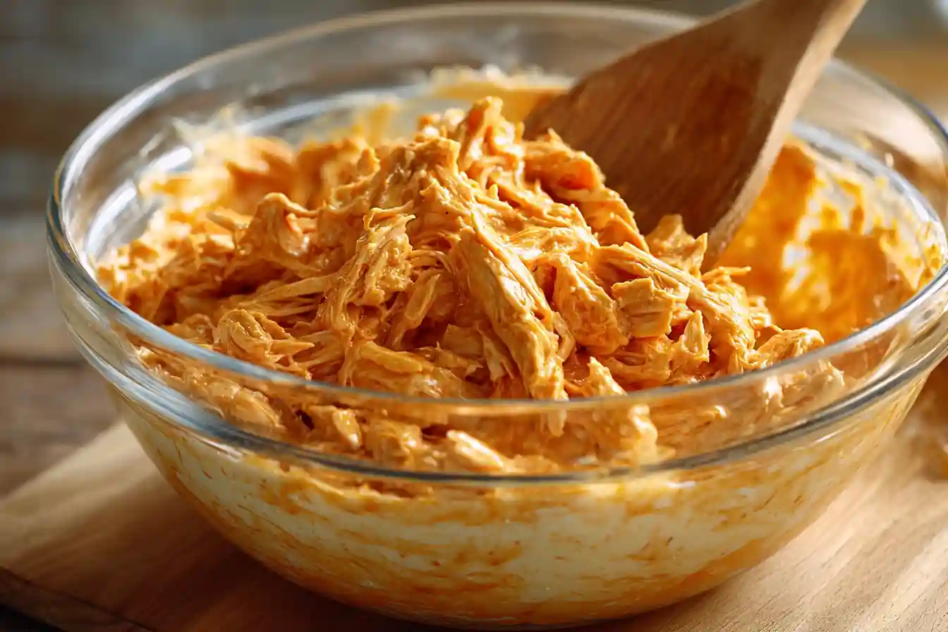 Mixing buffalo chicken dip before baking