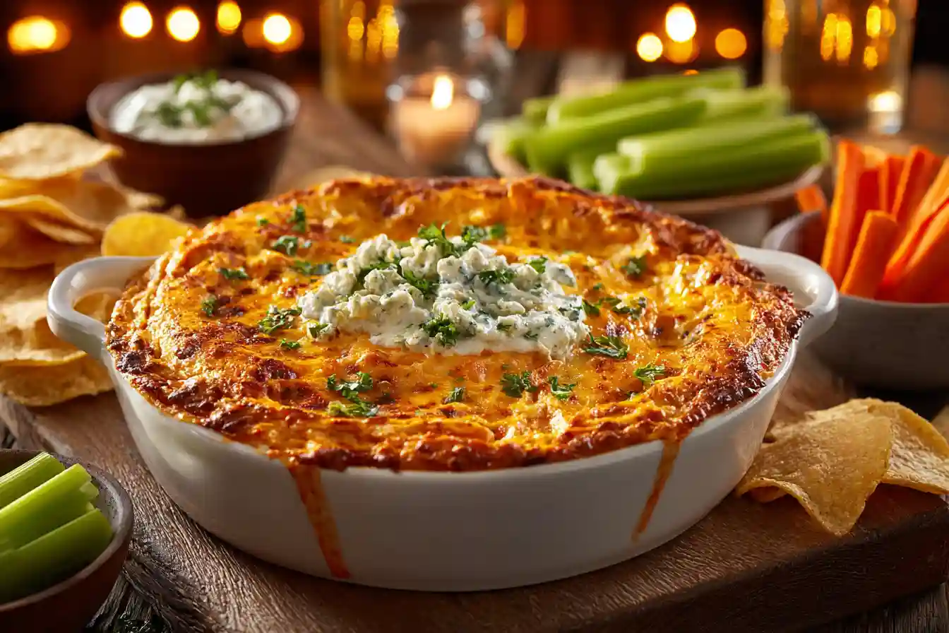 Buffalo chicken dip served with chips and vegetables