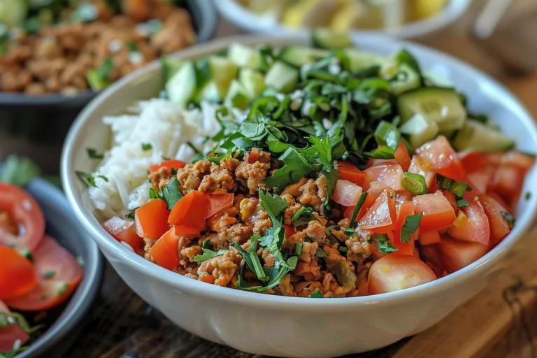 Mediterranean Ground Chicken Bowls with Cucumber, Tomato, and Feta